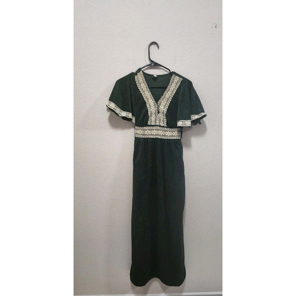 Vintage 70s Boho Green Floral lace trim Maxi Dress Boho Cottage Whimsy Sz M - Picture 2 of 8